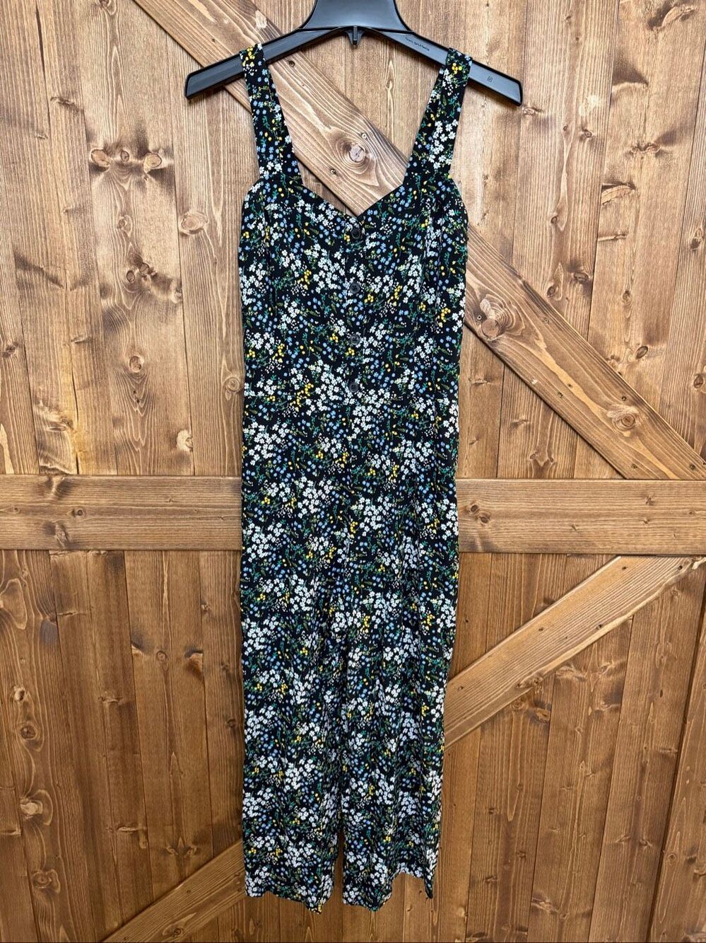 LOFT Outlet Women’s Medium Black Floral Button Front Wide Leg Jumpsuit (9215)